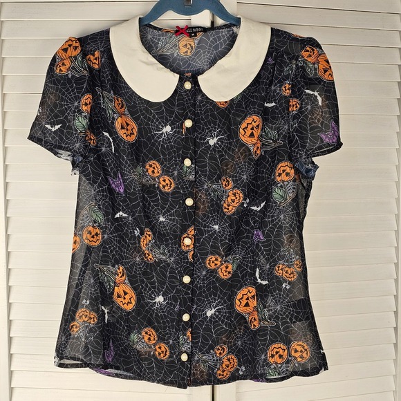 NWOT Hell Bunny Womens Harlow Halloween Sheer Blouse Top Pumpkin Bat Ghost Med - Picture 1 of 6
